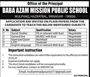 Teaching Jobs at Baba Azam Mission Public School